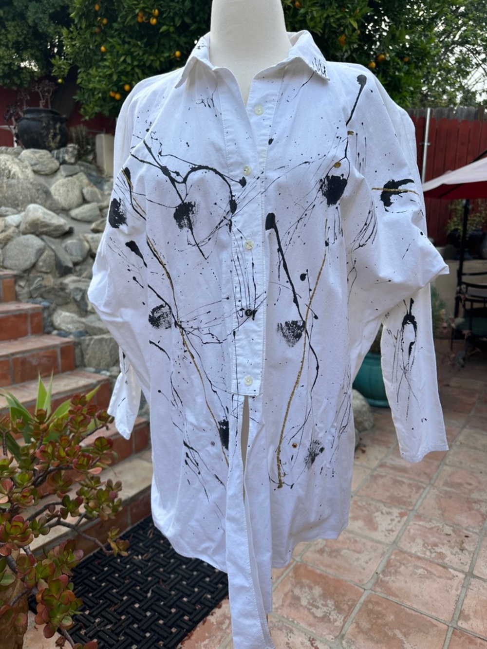 Vintage Mar- Lyn White Paint-Splatter Cotton Button-Up Shirt Size Large.